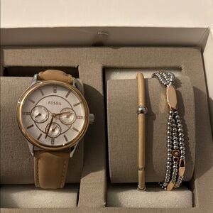 Fossil Tan and Silver Watch Set